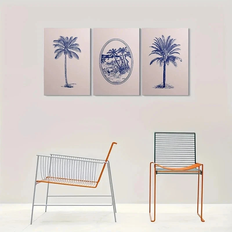 3pcs Blue Palm Tree Tropical Coastal Metal Print Ready to Hang Art - Bella Home Decor