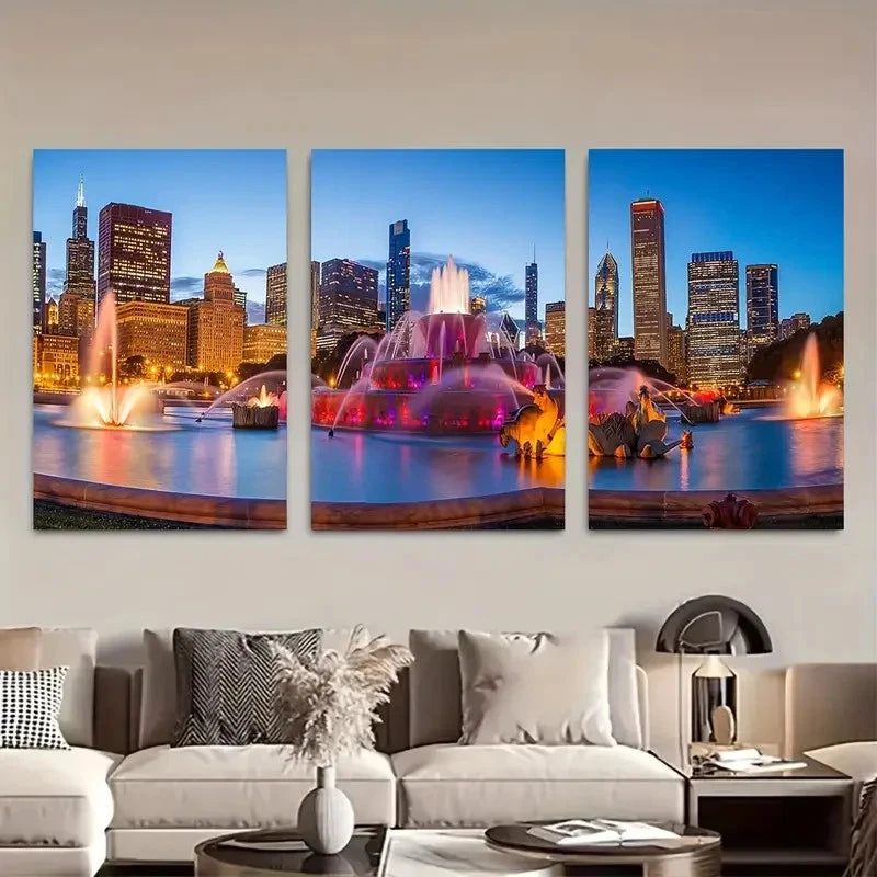 3pcs Chicago Buckingham Fountain & Grand Park Metal Print Ready to Hang Art - Bella Home Decor