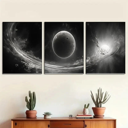 3pcs Celestial Wonders Black & White Abstract Metal Print Ready to Hang Art - Bella Home Decor