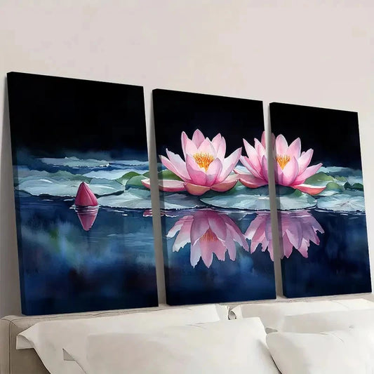 3pcs Elegant Floral Featuring Lotus Flowers E Wall Art Set Canvas Framed 40x60cm - High Quality Print 100% Australian Made Wall Canvas Ready to Hang