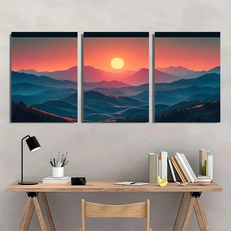 3pcs Warm Mountain Sunrise Fine Art Triptych Metal Print Ready to Hang Art