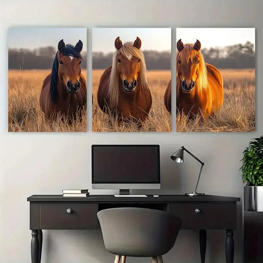 3pcs Vibrant Brown Horses Nature Photography Metal Print Ready to Hang Art