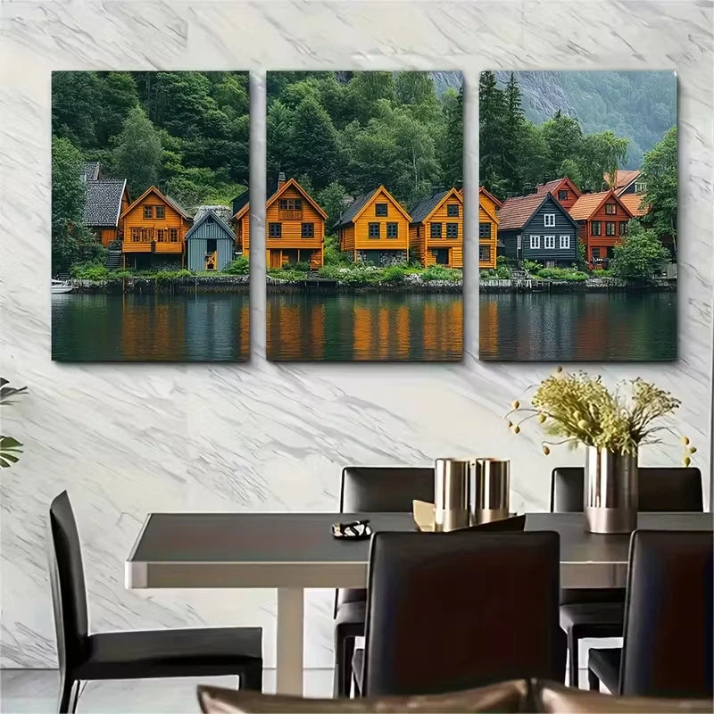 3pcs Bergen Wooden Houses Metal Print Ready to Hang Art - Bella Home Decor