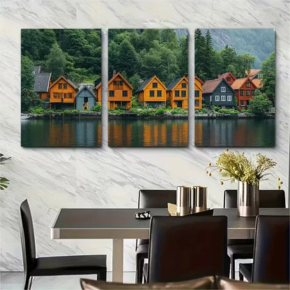 3pcs Bergen Wooden Houses Metal Print Ready to Hang Art - Bella Home Decor
