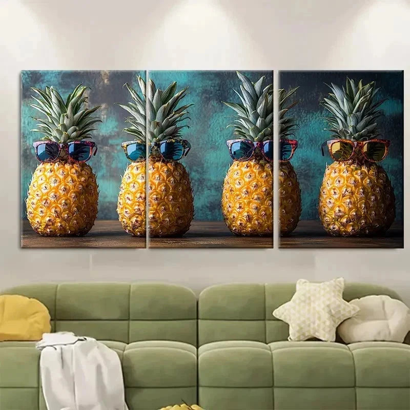 3pcs Funny Pineapples in Glasses EI Wall Art Set Canvas Framed 50x70cm - High Quality Print 100% Australian Made Wall Canvas Ready to Hang - Bella Home Decor