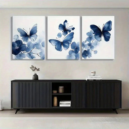 3pcs Blue Butterfly and Floral Watercolor Metal Print Ready to Hang Art - Bella Home Decor
