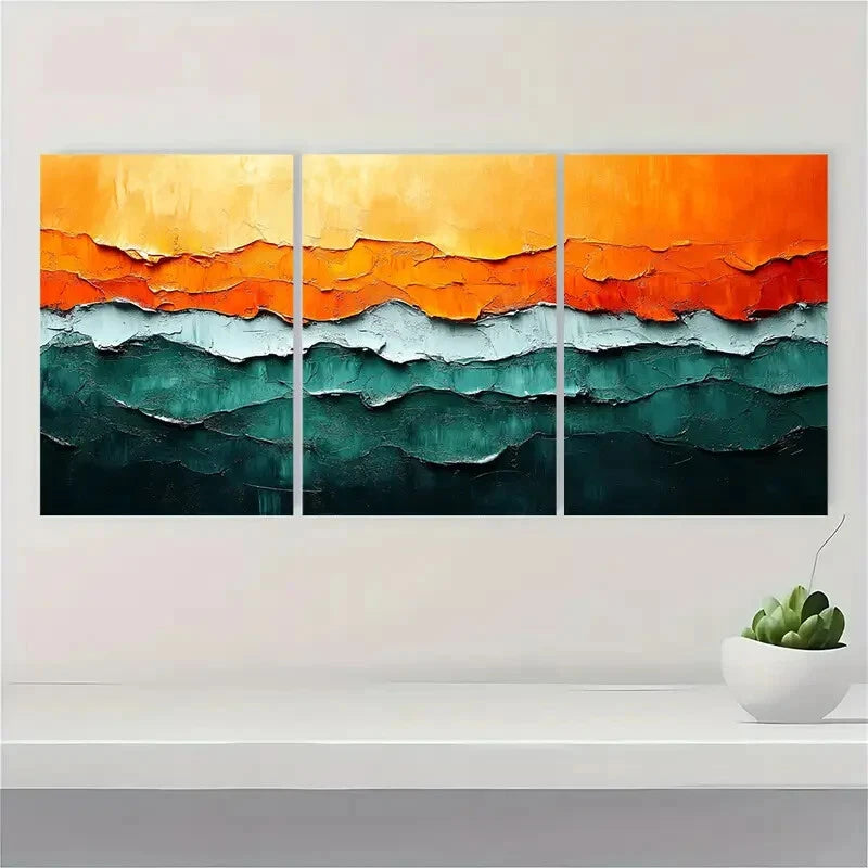 3pcs Orange and Green Abstract Painting Metal Print Ready to Hang Art - Bella Home Decor