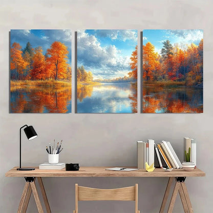 3pcs Vibrant Autumn Colorful Tree River Wall Art Set Canvas Framed 60x90cm - High Quality Print 100% Australian Made Wall Canvas Ready to Hang - Bella Home Decor