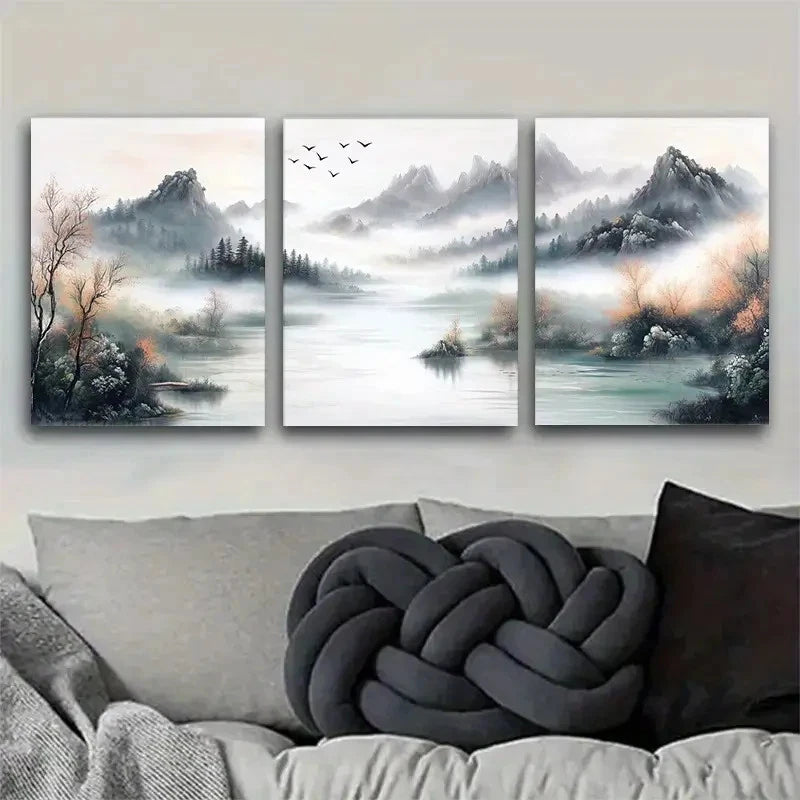 3pcs Chinese Style Landscape with Fog and Birds Metal Print Ready to Hang Art - Bella Home Decor