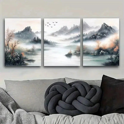 3pcs Chinese Style Landscape with Fog and Birds Metal Print Ready to Hang Art - Bella Home Decor