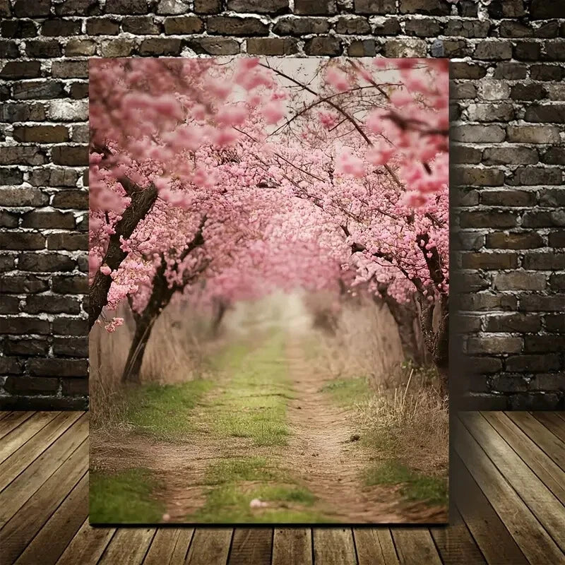 Serene Pathway with Blooming Sakura Trees Painting 40x60cm Metal Print Ready to Hang - Bella Home Decor