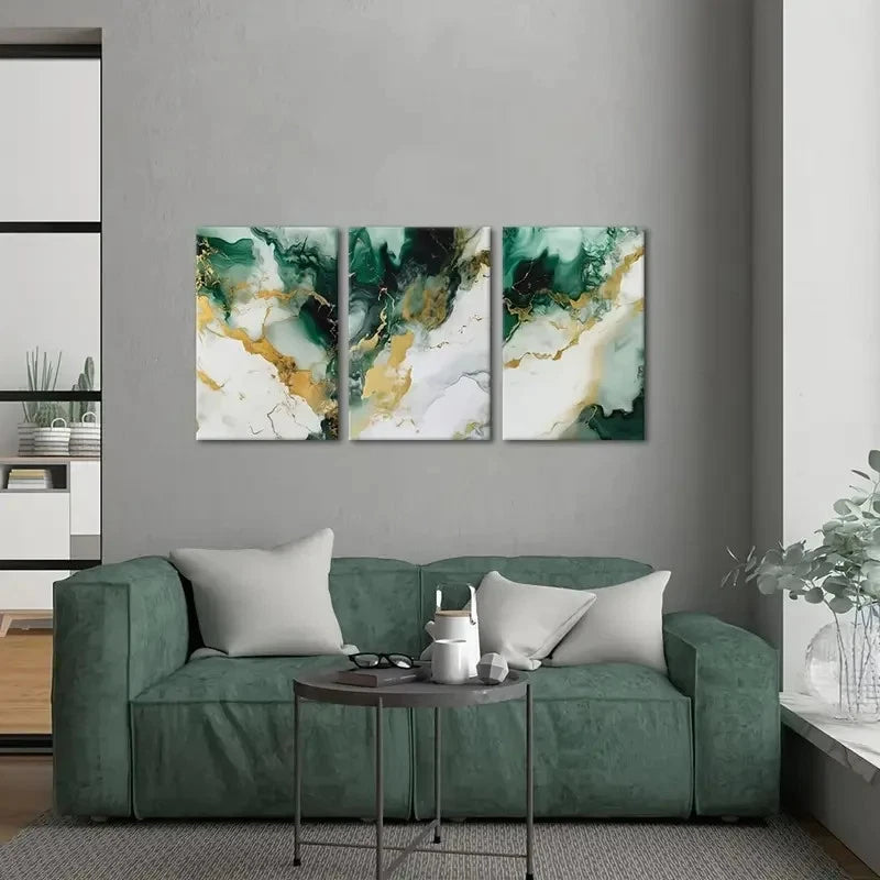 3pcs Green, Golden & White Swirls on Canvas Art Set Canvas Framed 40x60cm - High Quality Print 100% Australian Made Wall Canvas Ready to Hang