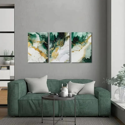 3pcs Green, Golden & White Swirls on Canvas Art Set Canvas Framed 40x60cm - High Quality Print 100% Australian Made Wall Canvas Ready to Hang