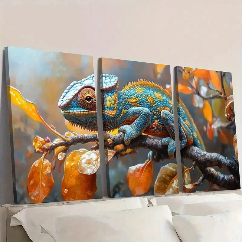 3pcs Blue & Orange Chameleon Painting Wall Art Set Canvas Framed 60x90cm - High Quality Print 100% Australian Made Wall Canvas Ready to Hang - Bella Home Decor