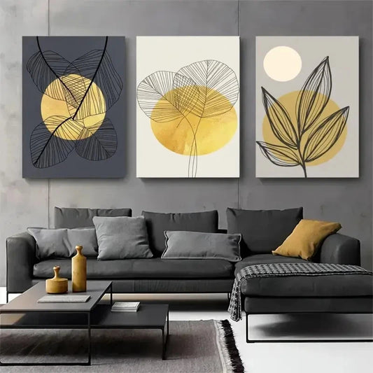 3pcs Abstract Leaves, Golden Sun, Line Wall Art Set Canvas Framed 40x60cm - High Quality Print 100% Australian Made Wall Canvas Ready to Hang