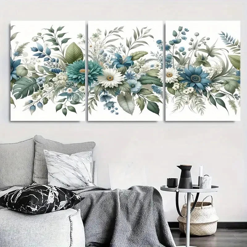 3pcs Vibrant Blue Green Floral Bouquet Wall Art Set Canvas Framed 60x90cm - High Quality Print 100% Australian Made Wall Canvas Ready to Hang