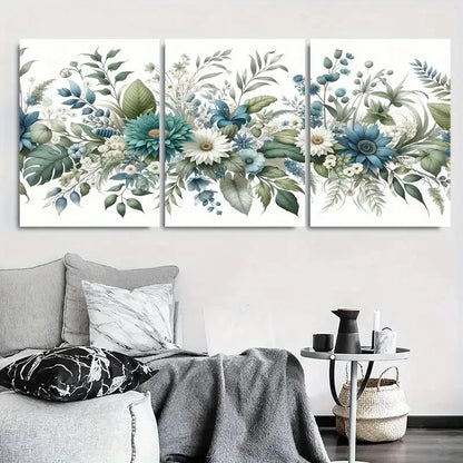 3pcs Vibrant Blue Green Floral Bouquet Wall Art Set Canvas Framed 60x90cm - High Quality Print 100% Australian Made Wall Canvas Ready to Hang
