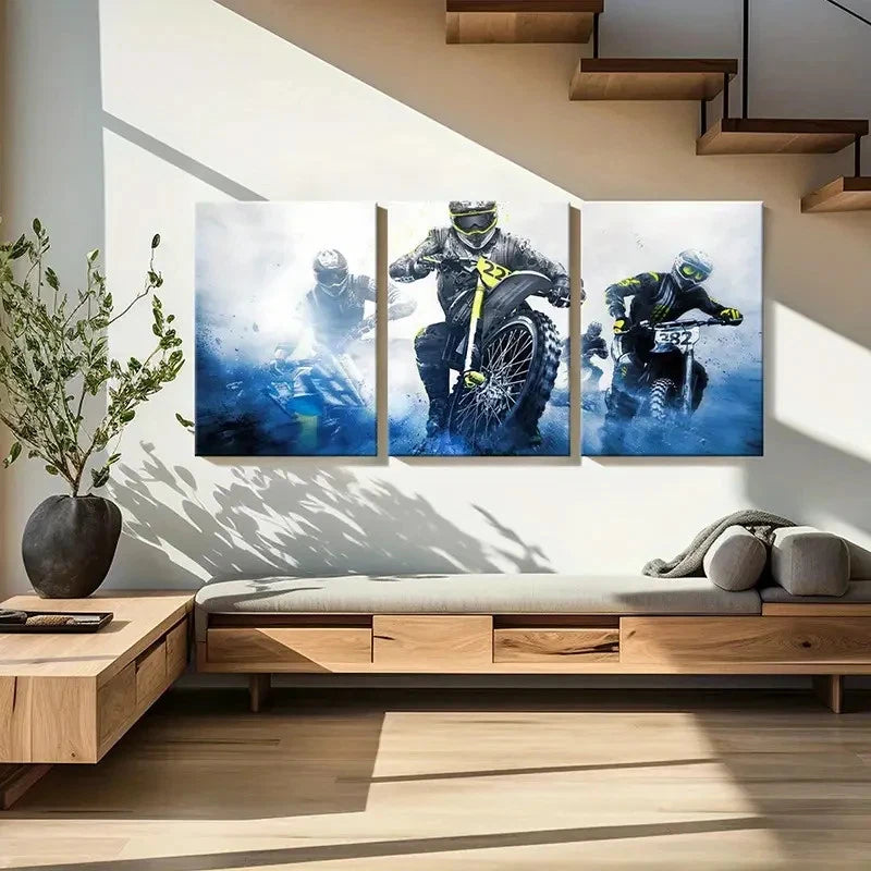 3pcs Action Packed Dirt Bike Racing Wall Art Set Canvas Framed 60x90cm - High Quality Print 100% Australian Made Wall Canvas Ready to Hang - Bella Home Decor