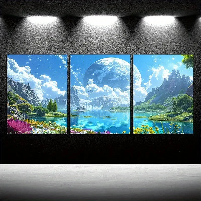 3pcs Vivid Planetary and Floral Fantasy Design Metal Print Ready to Hang Art - Bella Home Decor