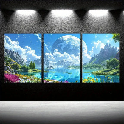 3pcs Vivid Planetary and Floral Fantasy Design Metal Print Ready to Hang Art - Bella Home Decor