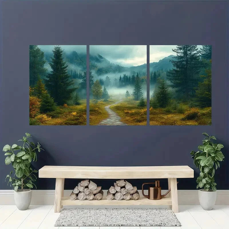 3pcs Mystical Woodland Foggy Trees Landscape Metal Print Ready to Hang Art - Bella Home Decor