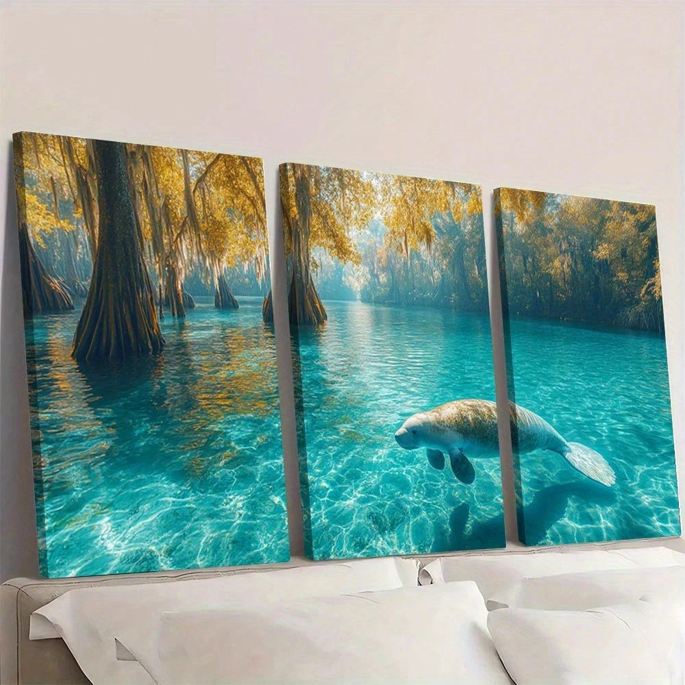 3pcs Serene Manatee Crystal Clear Waters Wall Art Set Canvas Framed 50x70cm - High Quality Print 100% Australian Made Wall Canvas Ready to Hang