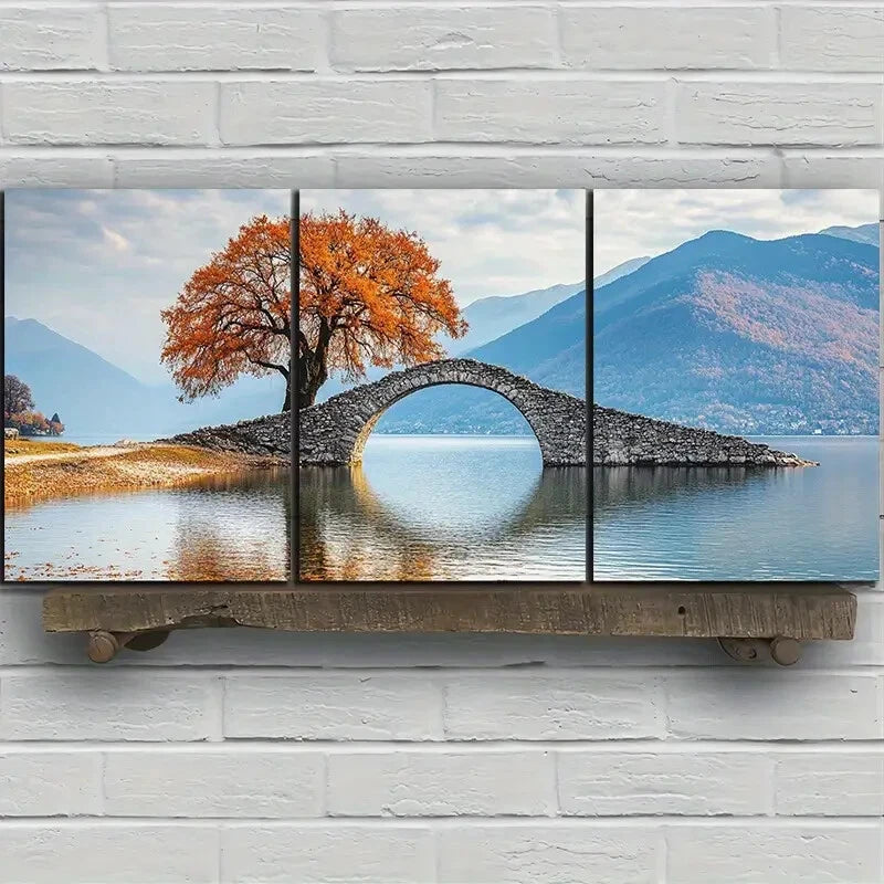 3pcs The Stone Bridge on The Lake Metal Print Ready to Hang Art