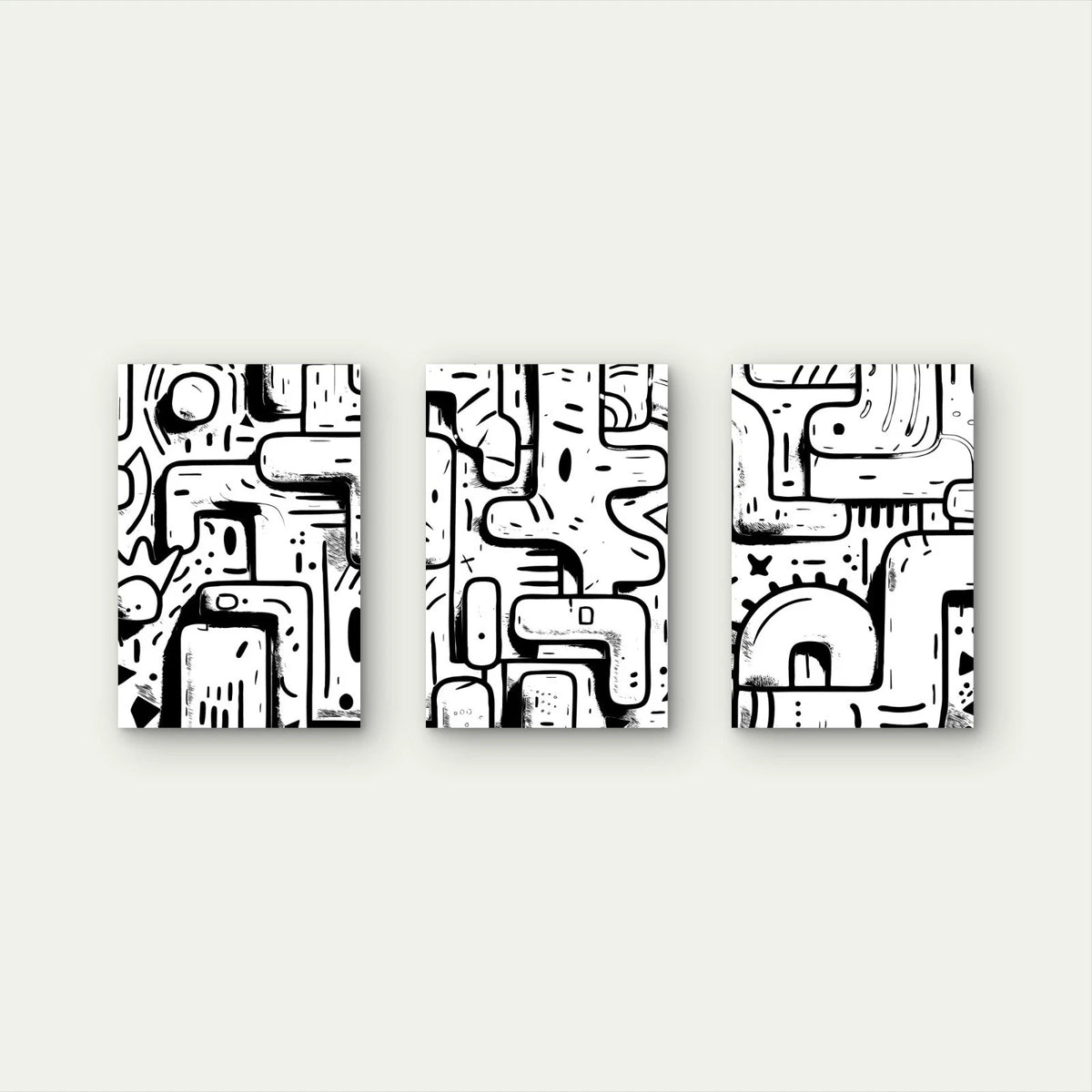 3pcs Black and White Abstract Doodle Wall Art Set Canvas Framed 50x70cm - High Quality Print 100% Australian Made Wall Canvas Ready to Hang