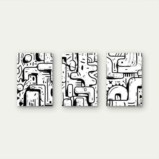 3pcs Black and White Abstract Doodle Wall Art Set Canvas Framed 50x70cm - High Quality Print 100% Australian Made Wall Canvas Ready to Hang