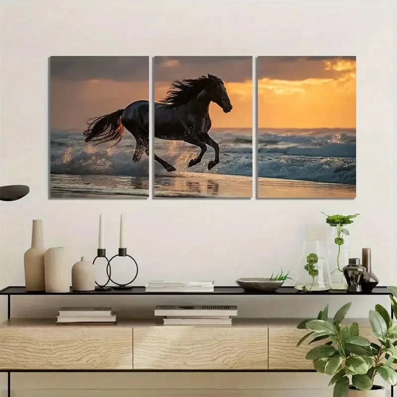 3pcs Black Horse Galloping on the Beach Metal Print Ready to Hang Art - Bella Home Decor
