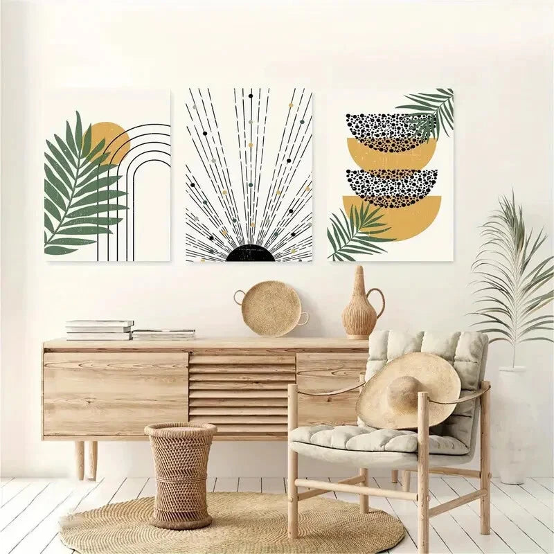 3pcs Mustard, Black, Green Boho Botanical Abstract Metal Print Ready to Hang Art