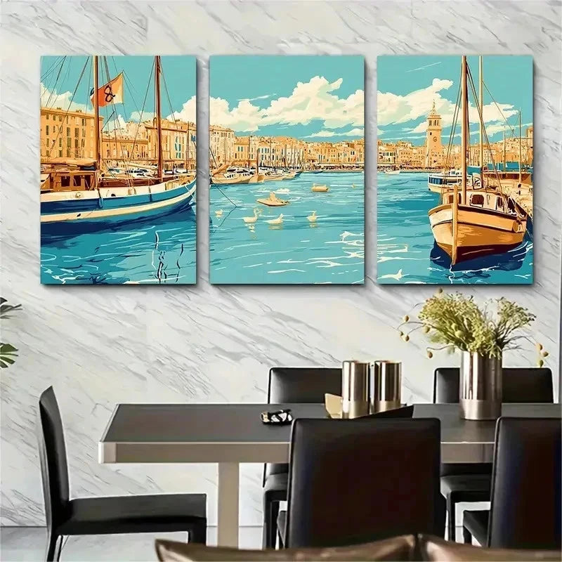 3pcs Mediterranean France Poster Vintage Perfect Wall Art Set Canvas Framed 50x70cm - High Quality Print 100% Australian Made Wall Canvas Ready to Hang