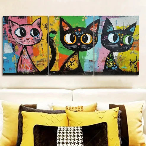 3pcs Colorful cats with big eyes Wall Art Canvas Unframed - High Quality Print 100% Australian Made Wall Canvas