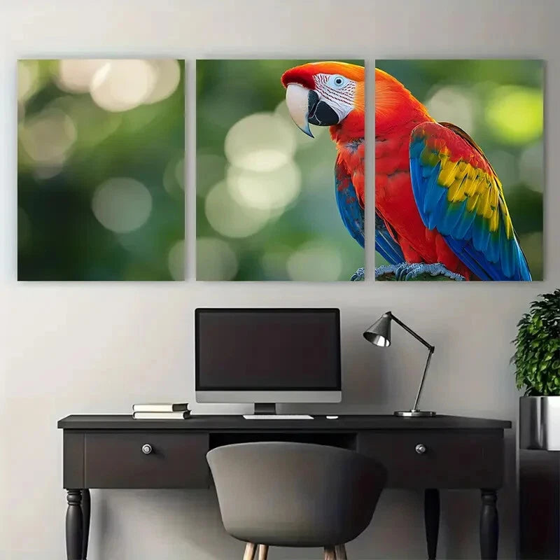 3pcs Vibrant Scarlet Macaw Photography Tropical Metal Print Ready to Hang Art - Bella Home Decor