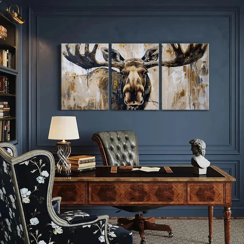 3pcs Abstract Moose Art Wildlife Painting Metal Print Ready to Hang Art - Bella Home Decor