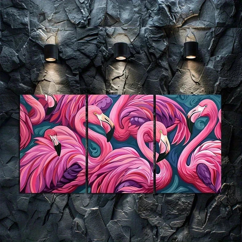 3pcs Oil Painting Flamingos in Groups Metal Print Ready to Hang Art