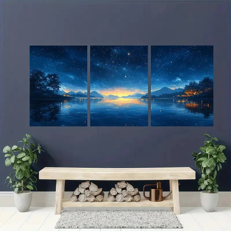 3pcs Dreamy Firefly Lit Lake Night Sky Scene Metal Print Ready to Hang Art - Bella Home Decor
