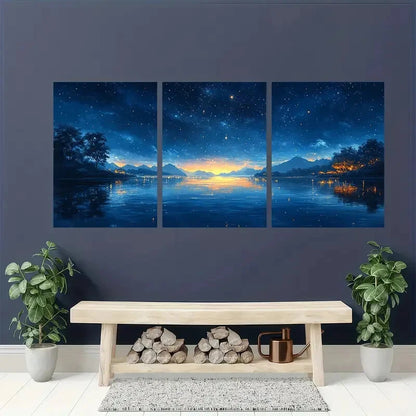 3pcs Dreamy Firefly Lit Lake Night Sky Scene Metal Print Ready to Hang Art - Bella Home Decor