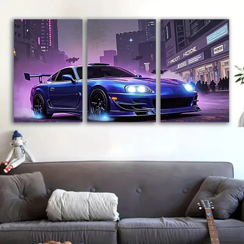 3pcs NFS Most Wanted Sports Car in Neon City Wall Art Set Canvas Framed 50x70cm - High Quality Print 100% Australian Made Wall Canvas Ready to Hang