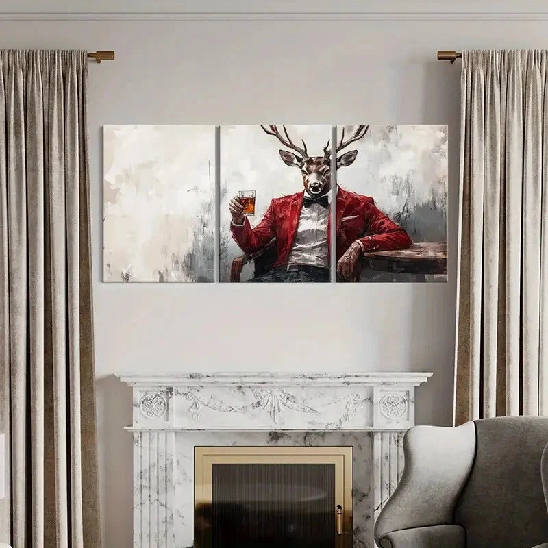 3pcs Elegant Deer in Red Suit Fantasy Animal Metal Print Ready to Hang Art - Bella Home Decor