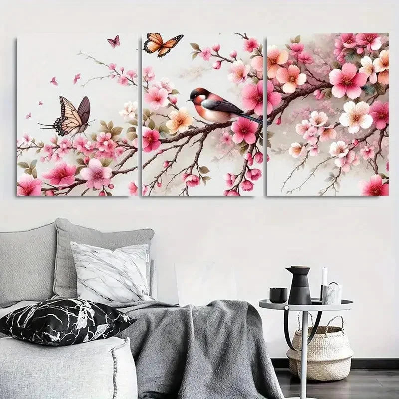 3pcs Elegant Bird Cherry Blossom Wall Art Set Canvas Framed 40x60cm - High Quality Print 100% Australian Made Wall Canvas Ready to Hang