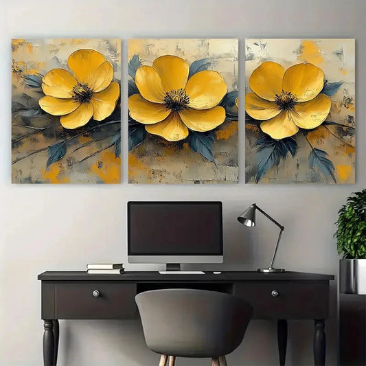 3pcs Minimalistic Yellow Buttercup Spring Design Wall Art Set Canvas Framed 40x60cm - High Quality Print 100% Australian Made Wall Canvas Ready to Hang