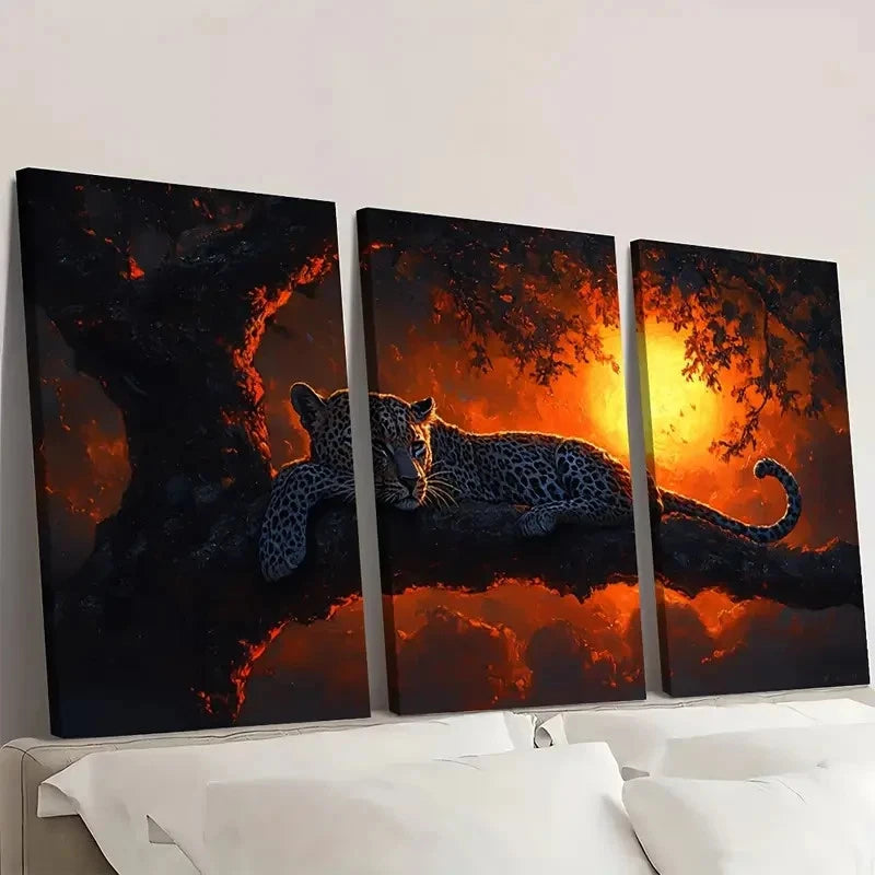 3pcs Leopard at Sunset Tree DI  Wall Art Set Canvas Framed 60x90cm - High Quality Print 100% Australian Made Wall Canvas Ready to Hang