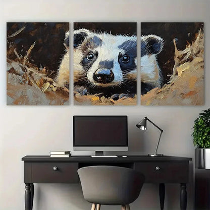 3pcs Badger Animal Portrait Illustration Wall Art Set Canvas Framed 40x60cm - High Quality Print 100% Australian Made Wall Canvas Ready to Hang - Bella Home Decor