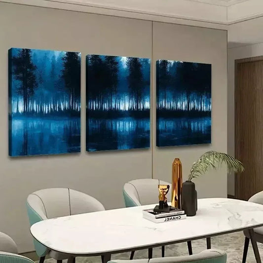 3pcs Blue & Black Forest Abstract Wall Art Set Canvas Framed 50x70cm - High Quality Print 100% Australian Made Wall Canvas Ready to Hang