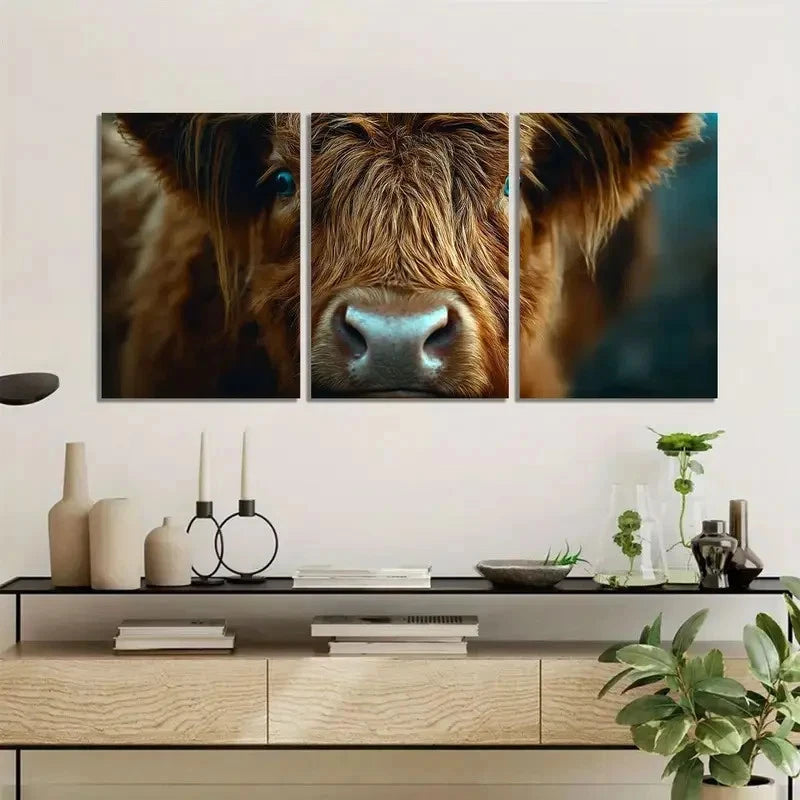 3pcs Brown Highland Cow with Long Hair Metal Print Ready to Hang Art - Bella Home Decor