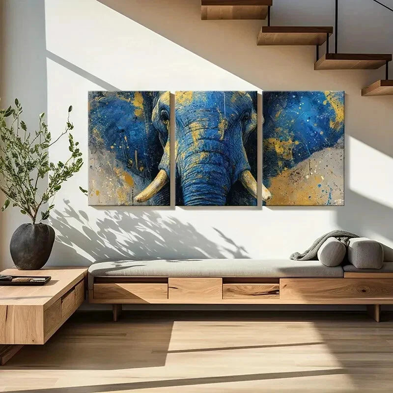 3pcs Abstract Elephant Art Blue Yellow Splash Metal Print Ready to Hang Art - Bella Home Decor