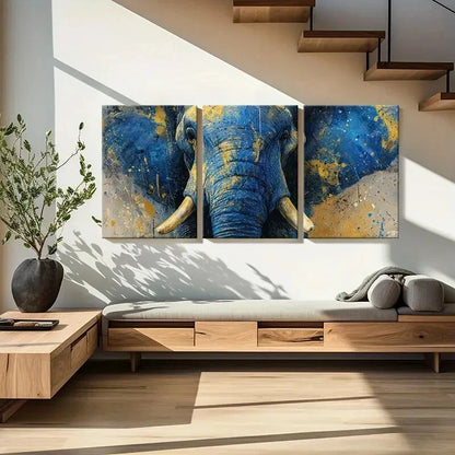 3pcs Abstract Elephant Art Blue Yellow Splash Metal Print Ready to Hang Art - Bella Home Decor