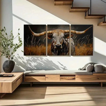 3pcs Texas Longhorn Bull Artwork Wall Art Set Canvas Framed 50x70cm - High Quality Print 100% Australian Made Wall Canvas Ready to Hang