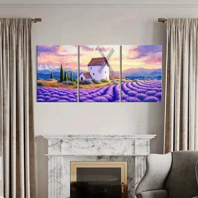 3pcs Lavender Field Windmill Landscape Metal Print Ready to Hang Art - Bella Home Decor